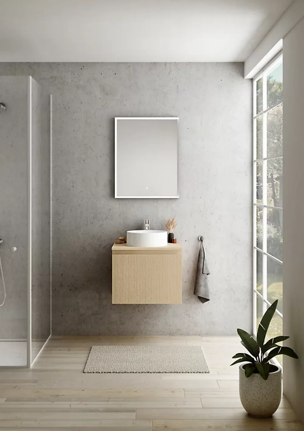 Ipiemme SRL Meuble vasque suspendu plaqué chêne clair strié l.60 cm + plan de toilette plaqué chêne clair, Pura+