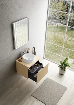 Ipiemme SRL Meuble vasque suspendu plaqué chêne clair strié l.60 cm + plan de toilette plaqué chêne clair, Pura+