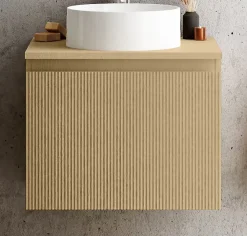 Meuble Buanderie|Ipiemme SRL Meuble vasque suspendu plaqué chêne miel strié l.60 cm + plan de toilette plaqué chêne miel, Pura+
