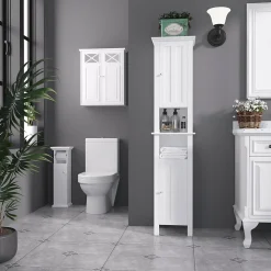 kleankin Meuble WC armoire toilette - porte, support papier - dim. 21L x 17l x 66H cm - blanc