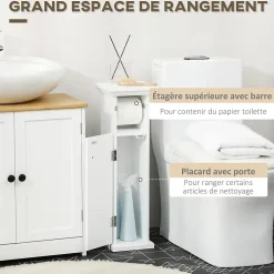 kleankin Meuble WC armoire toilette - porte, support papier - dim. 21L x 17l x 66H cm - blanc