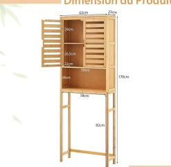 Giantex Meuble WC Au Dessus des Toilettes Etagère Haute avec Portes à Persiennes Meuble de Salle de Bain en Bambou