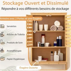 Giantex Meuble WC Au Dessus des Toilettes Etagère Haute avec Portes à Persiennes Meuble de Salle de Bain en Bambou