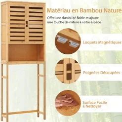 Giantex Meuble WC Au Dessus des Toilettes Etagère Haute avec Portes à Persiennes Meuble de Salle de Bain en Bambou