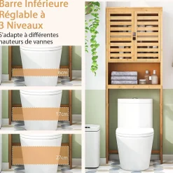 Giantex Meuble WC Au Dessus des Toilettes Etagère Haute avec Portes à Persiennes Meuble de Salle de Bain en Bambou