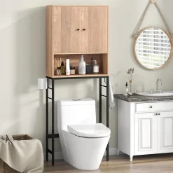 Meuble Wc|Giantex Meuble WC Au Dessus des Toilettes Meuble de Salle De Bain avec Armoire à Double Porte Compartiment Ouvert Naturel