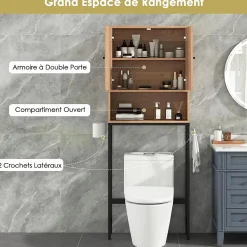 Meuble Wc|Giantex Meuble WC Au Dessus des Toilettes Meuble de Salle De Bain avec Armoire à Double Porte Compartiment Ouvert Naturel