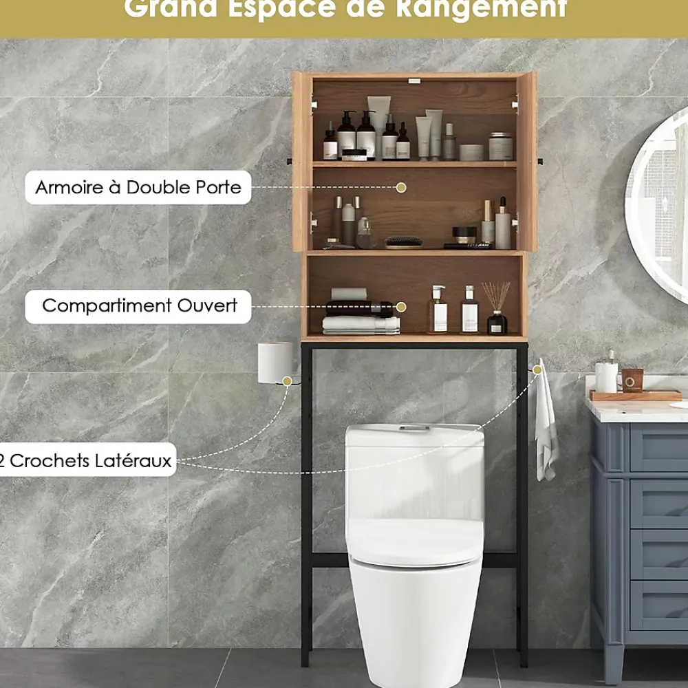 Meuble Wc|Giantex Meuble WC Au Dessus des Toilettes Meuble de Salle De Bain avec Armoire à Double Porte Compartiment Ouvert Naturel