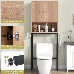 Meuble Wc|Giantex Meuble WC Au Dessus des Toilettes Meuble de Salle De Bain avec Armoire à Double Porte Compartiment Ouvert Naturel