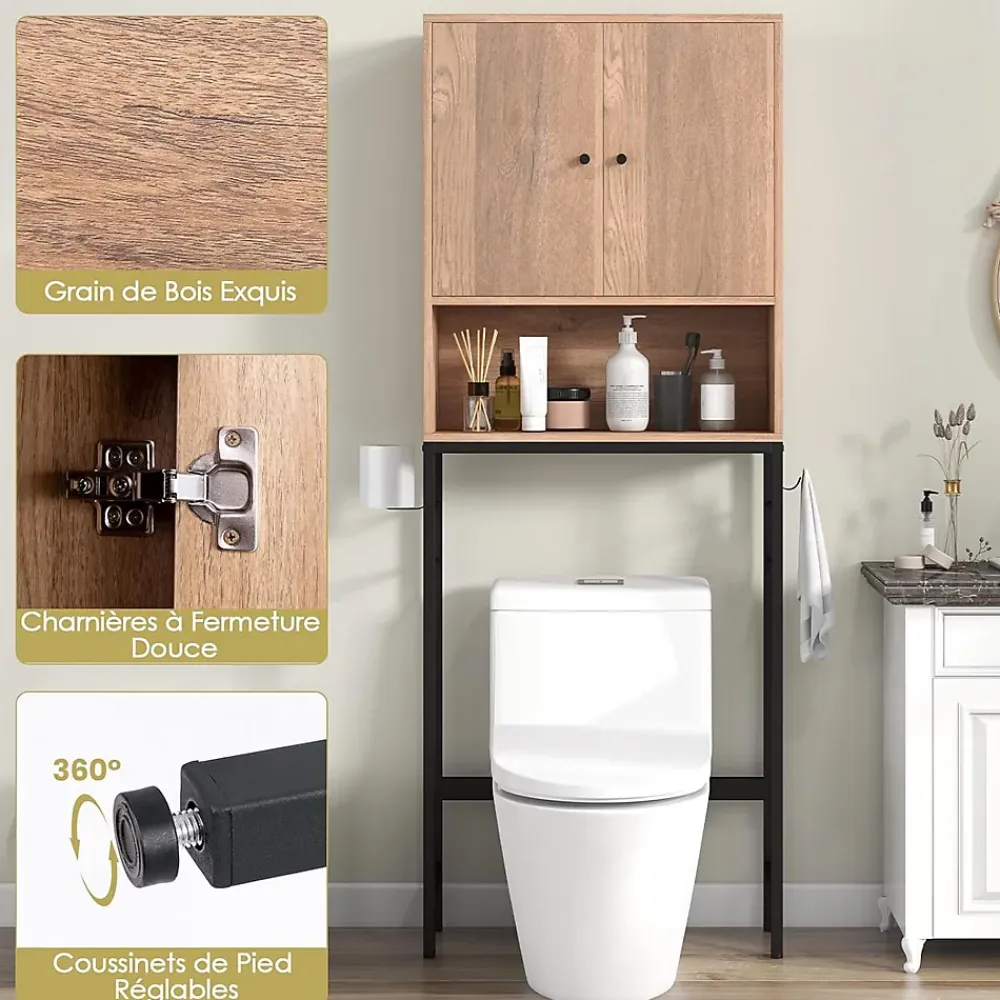 Meuble Wc|Giantex Meuble WC Au Dessus des Toilettes Meuble de Salle De Bain avec Armoire à Double Porte Compartiment Ouvert Naturel