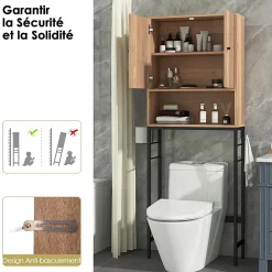 Meuble Wc|Giantex Meuble WC Au Dessus des Toilettes Meuble de Salle De Bain avec Armoire à Double Porte Compartiment Ouvert Naturel