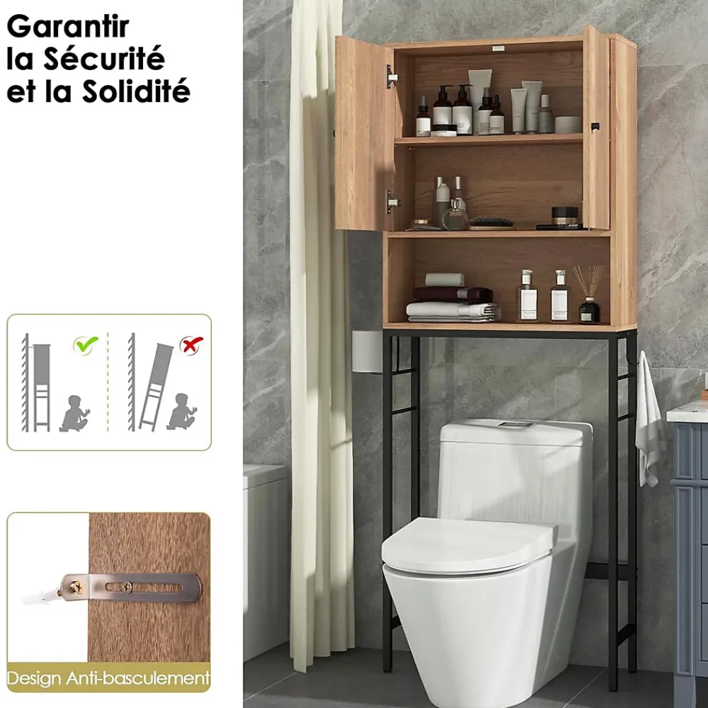 Meuble Wc|Giantex Meuble WC Au Dessus des Toilettes Meuble de Salle De Bain avec Armoire à Double Porte Compartiment Ouvert Naturel