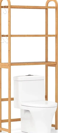 Giantex Meuble WC au-Dessus des Toilettes,en Bambou à 3 Niveaux avec 3 Crochets, Étagères et Barres à 3 Niveaux en Métal,71.5x25x166 cm