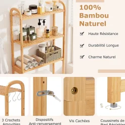 Giantex Meuble WC au-Dessus des Toilettes,en Bambou à 3 Niveaux avec 3 Crochets, Étagères et Barres à 3 Niveaux en Métal,71.5x25x166 cm