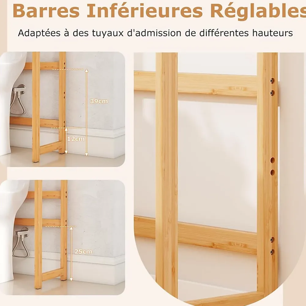 Giantex Meuble WC au-Dessus des Toilettes,en Bambou à 3 Niveaux avec 3 Crochets, Étagères et Barres à 3 Niveaux en Métal,71.5x25x166 cm