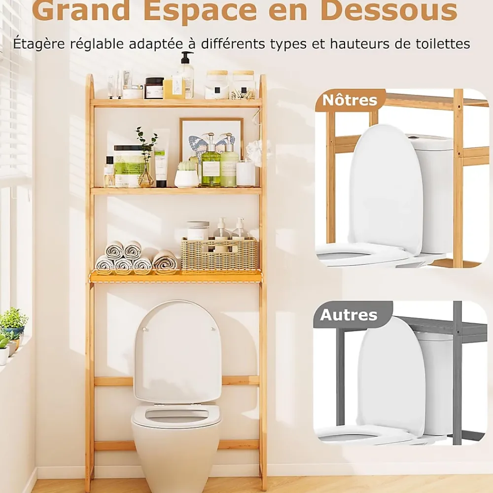 Giantex Meuble WC au-Dessus des Toilettes,en Bambou à 3 Niveaux avec 3 Crochets, Étagères et Barres à 3 Niveaux en Métal,71.5x25x166 cm
