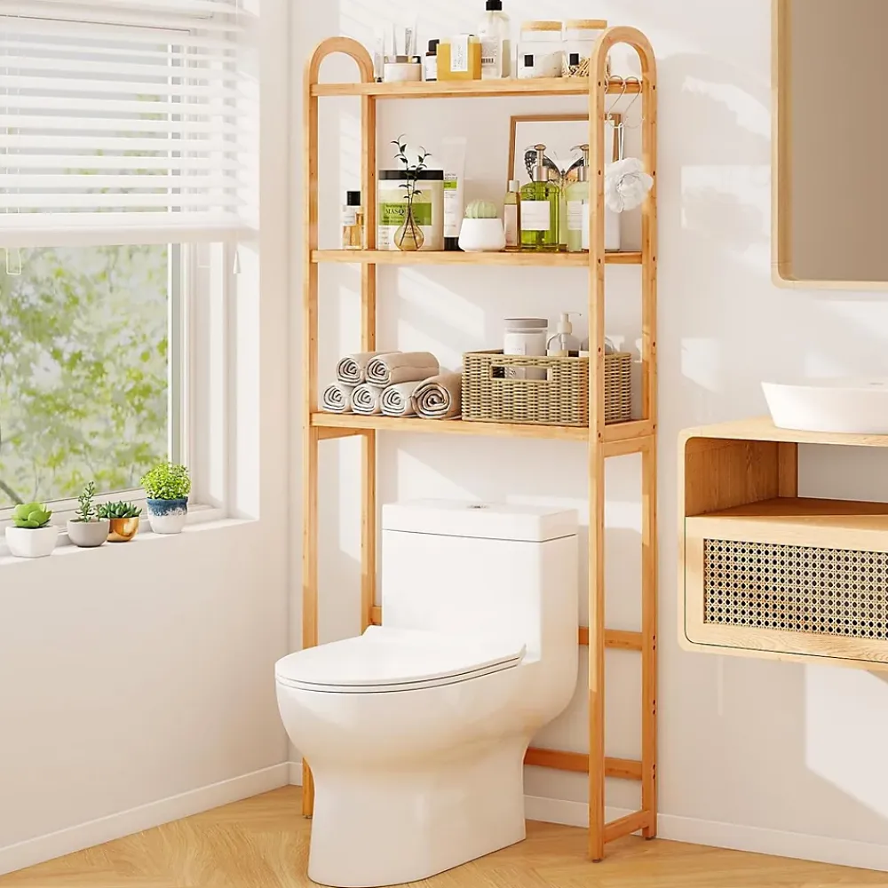 Giantex Meuble WC au-Dessus des Toilettes,en Bambou à 3 Niveaux avec 3 Crochets, Étagères et Barres à 3 Niveaux en Métal,71.5x25x166 cm
