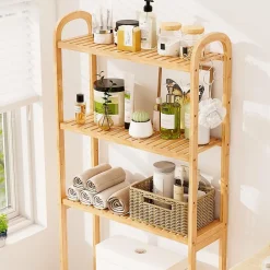 Giantex Meuble WC au-Dessus des Toilettes,en Bambou à 3 Niveaux avec 3 Crochets, Étagères et Barres à 3 Niveaux en Métal,71.5x25x166 cm