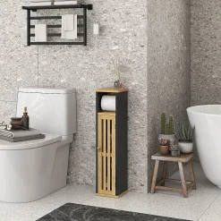 Homcom Meuble WC avec support papier toilette - porte, étagère - MDF noir bambou verni