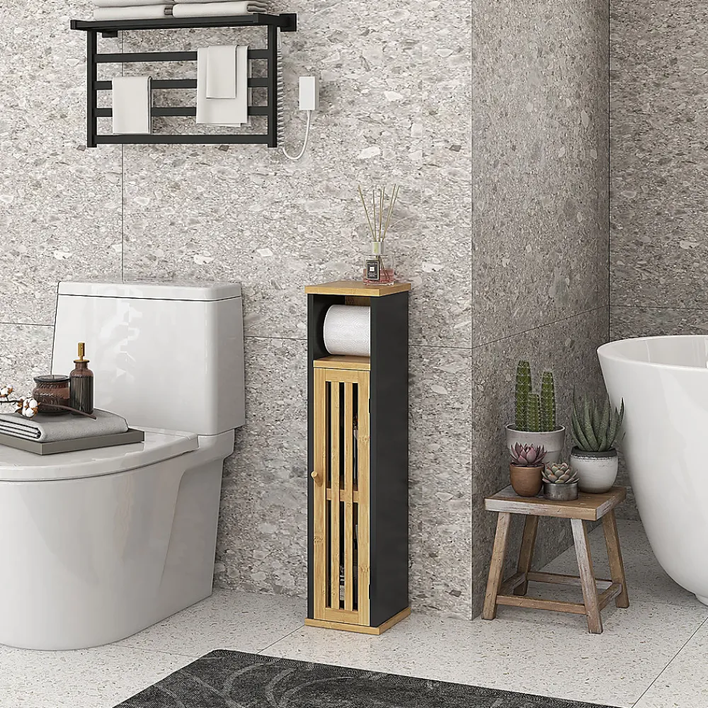 Homcom Meuble WC avec support papier toilette - porte, étagère - MDF noir bambou verni