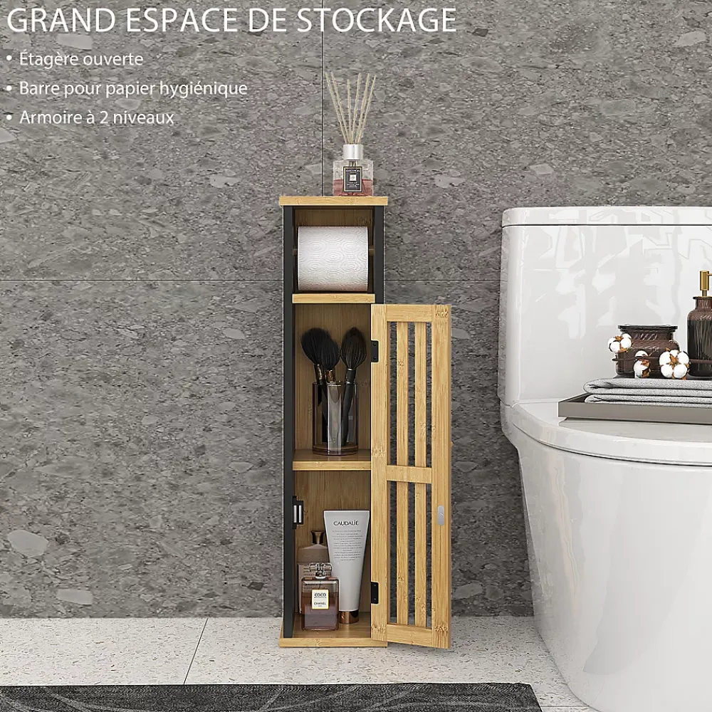 Homcom Meuble WC avec support papier toilette - porte, étagère - MDF noir bambou verni
