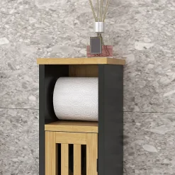 Homcom Meuble WC avec support papier toilette - porte, étagère - MDF noir bambou verni