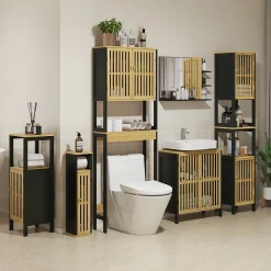 Homcom Meuble WC avec support papier toilette - porte, étagère - MDF noir bambou verni