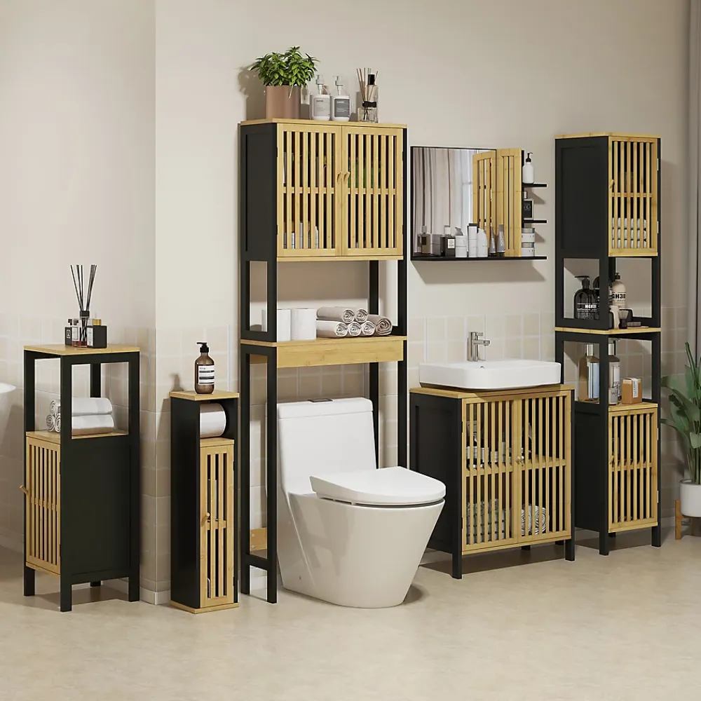 Homcom Meuble WC avec support papier toilette - porte, étagère - MDF noir bambou verni