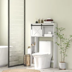 Homcom Meuble WC dessus de toilette meuble toilettes - porte coulissante, 6 compartiments - blanc