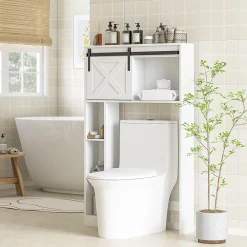 Homcom Meuble WC dessus de toilette meuble toilettes - porte coulissante, 6 compartiments - blanc