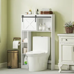 Homcom Meuble WC dessus de toilette meuble toilettes - porte coulissante, 6 compartiments - blanc