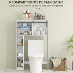 Homcom Meuble WC dessus de toilette meuble toilettes - porte coulissante, 6 compartiments - blanc