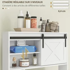 Homcom Meuble WC dessus de toilette meuble toilettes - porte coulissante, 6 compartiments - blanc