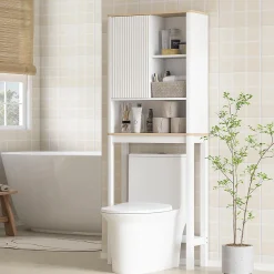 Meuble Wc|Homcom Meuble WC dessus de toilette style bohème - porte coulissante, étagère, niche - effet bois clair blanc