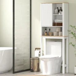 Meuble Wc|Homcom Meuble WC dessus de toilette style bohème - porte coulissante, étagère, niche - effet bois clair blanc