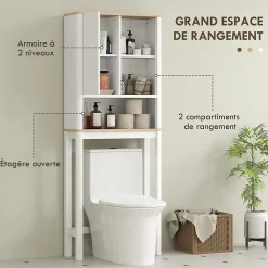 Meuble Wc|Homcom Meuble WC dessus de toilette style bohème - porte coulissante, étagère, niche - effet bois clair blanc