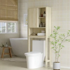 Homcom Meuble WC dessus de toilette style bohème - porte coulissante, étagère, niche - effet bois clair
