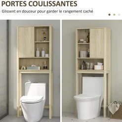 Homcom Meuble WC dessus de toilette style bohème - porte coulissante, étagère, niche - effet bois clair