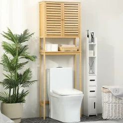 kleankin Meuble WC meuble dessus toilettes style cosy dim. 60L x 23l x 173H cm portes à lattes étagère bambou MDF aspect bois clair