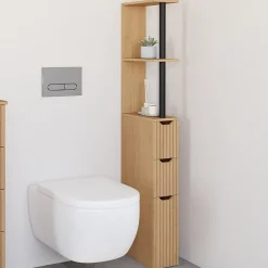 Meuble Wc|IDMarket Meuble WC étagère bois JULIETTE 3 portes lattes tasseau bois coloris chêne