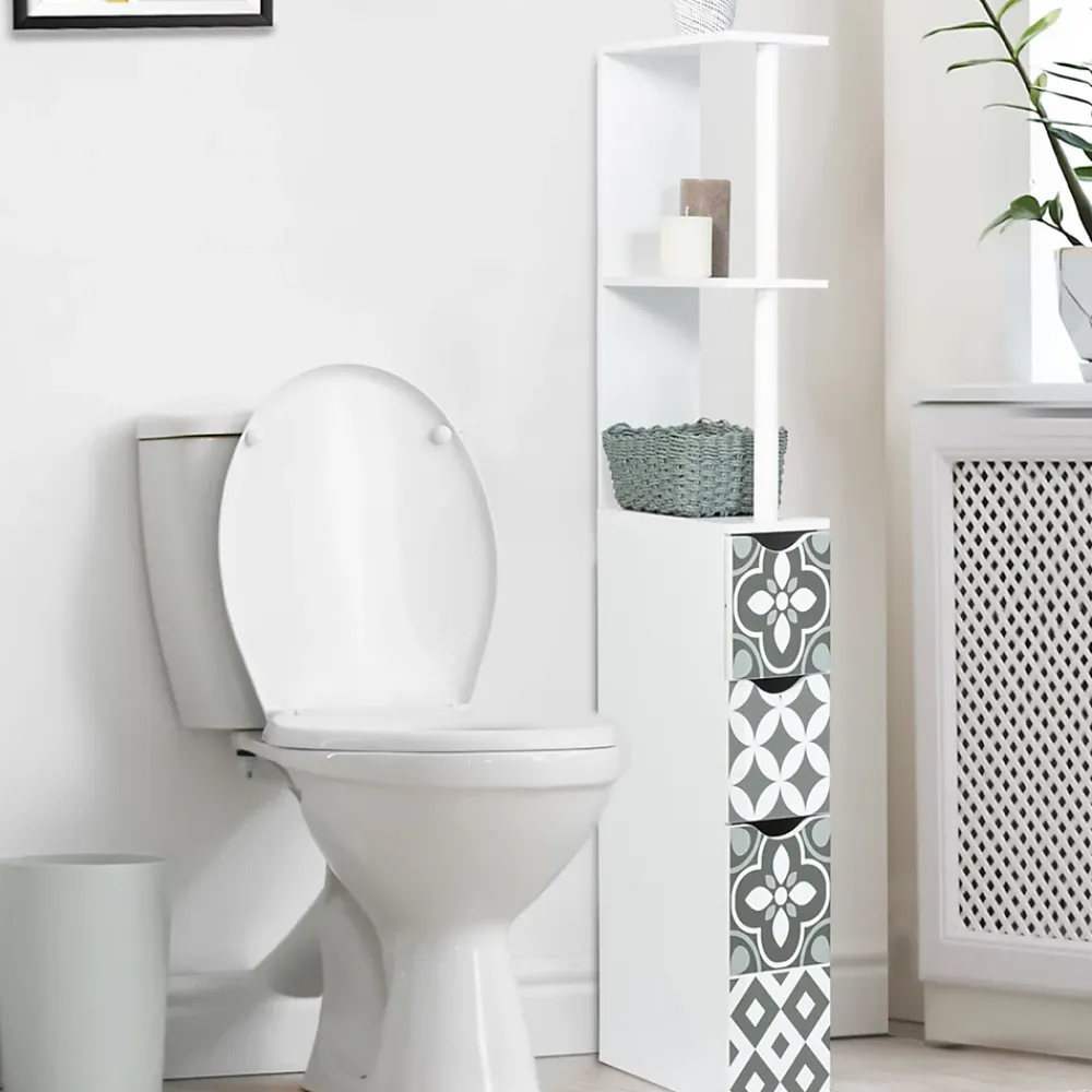 Meuble Wc|Meuble De Salle De Bains Faible Profondeur|IDMarket Meuble WC étagère bois WILLY 3 portes blanc et motif carreaux de ciment gris