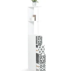 Meuble Wc|Meuble De Salle De Bains Faible Profondeur|IDMarket Meuble WC étagère bois WILLY 3 portes blanc et motif carreaux de ciment gris