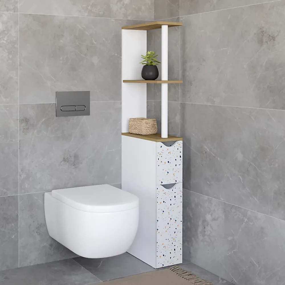 Meuble Wc|IDMarket Meuble WC étagère WILLY 2 portes motif terrazzo et hêtre