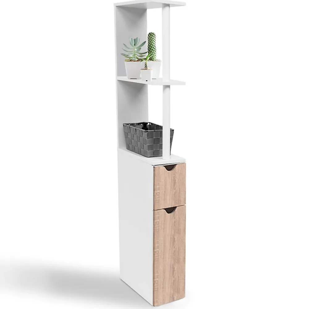 IDMarket Meuble WC étagère WILLY bois 2 portes blanc et hêtre