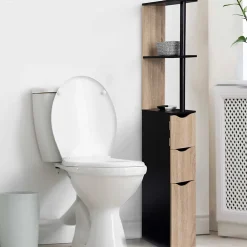 Meuble Wc|IDMarket Meuble WC étagère WILLY bois 3 portes noir et hêtre