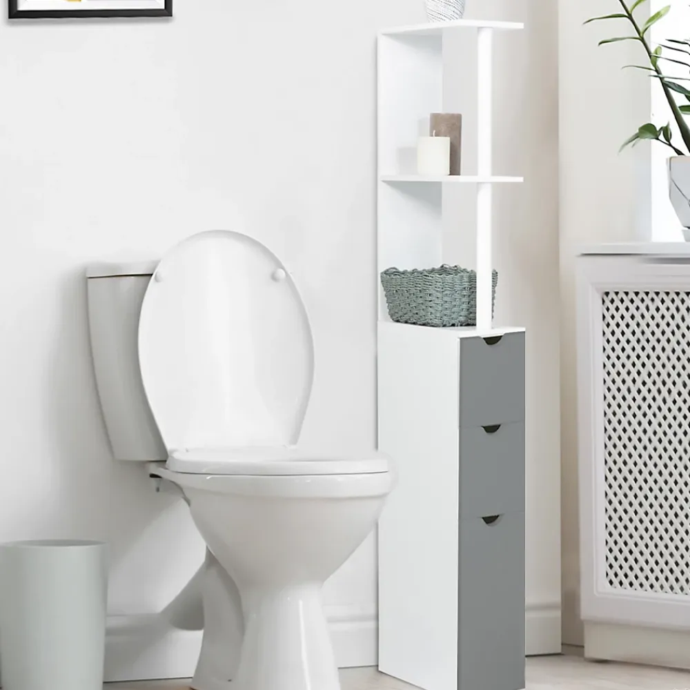 Meuble Wc|IDMarket Meuble WC étagère WILLY bois 3 portes blanc et gris