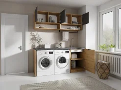 Vente-unique Meubles de buanderie pour machine à laver avec plan de travail - L182 cm - Anthracite et naturel clair - NATAJI