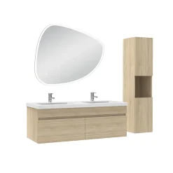 Ensemble Meuble De Salle De Bains|AICA Sanitaire Meubles double vasque 120cm vasque et colonne et miroir 3 couleurs lumineux Chêne Wotan