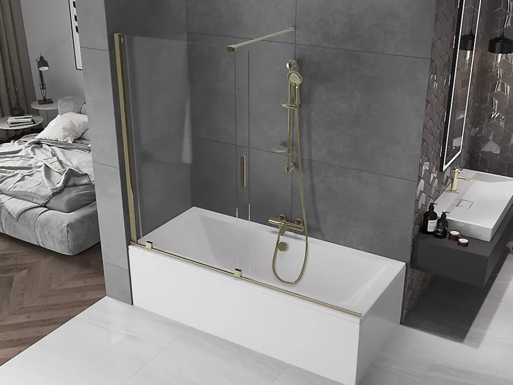 Mexen Velar pare-douche 2 plis coulissant 180 x 150 cm, transparent, doré - 896-180-000-01-50
