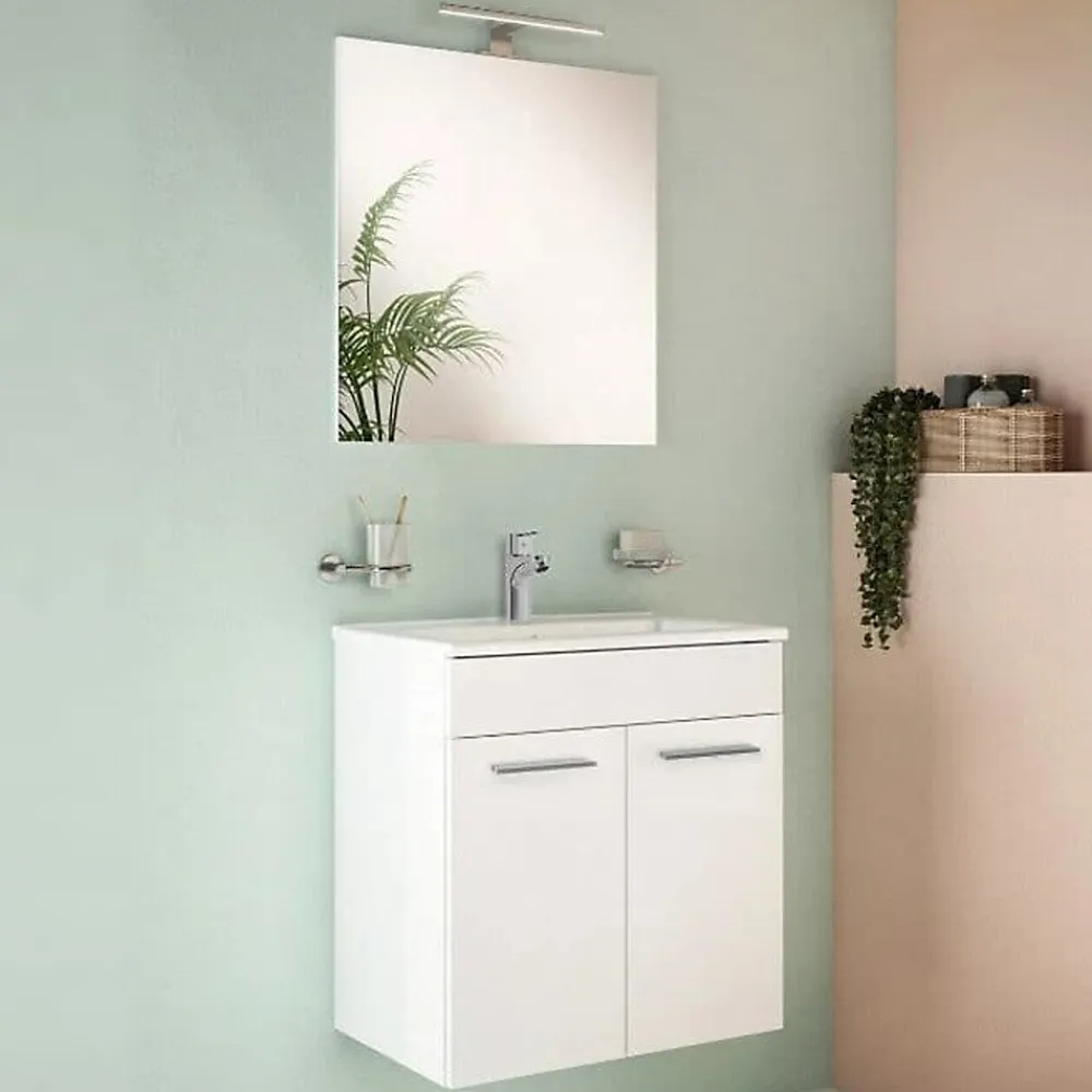 Vitra Mia ensemble meuble 59x61x39,5 cm avec porte, avec miroir, lavabo et éclairage LED, Blanc brillant (MIASETFP60B)